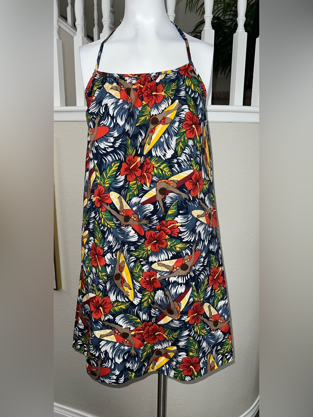 Hawaiian Print Halter Mini Dress - Navy with Red & Yellow Floral